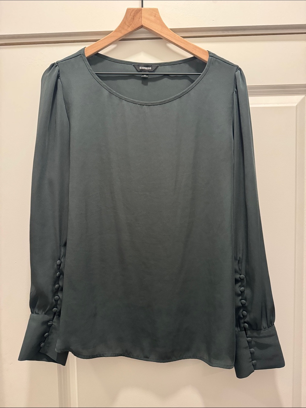 Express Slate Green Long Sleeve Button-Cuff Blouse